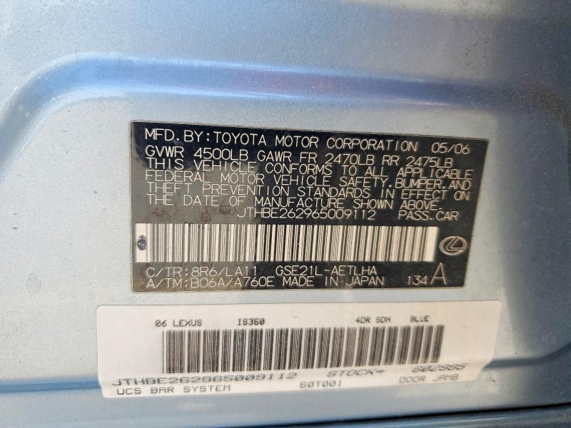 66841686 :رقم المزاد ، JTHBE262965009112 vin ، 2006 Lexus Is مزاد بيع