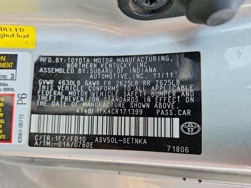 2012 Toyota Camry მანქანა იყიდება აუქციონზე, vin: 4T4BF1FK4CR171399, აუქციონის ნომერი: 64771976