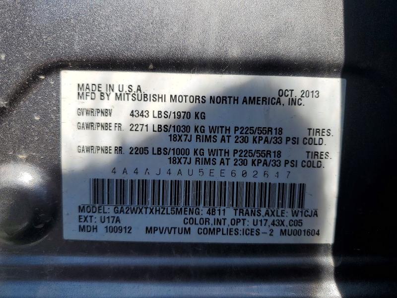 64782356 :رقم المزاد ، 4A4AJ4AU5EE602647 vin ، 2014 Mitsubishi Rvr مزاد بيع