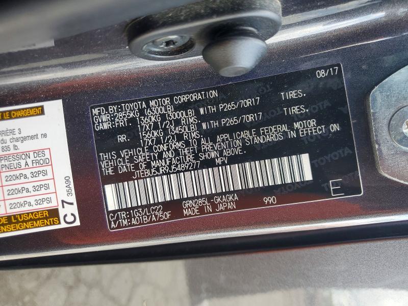 65838526 :رقم المزاد ، JTEBU5JR9J5489277 vin ، 2018 Toyota 4runner مزاد بيع