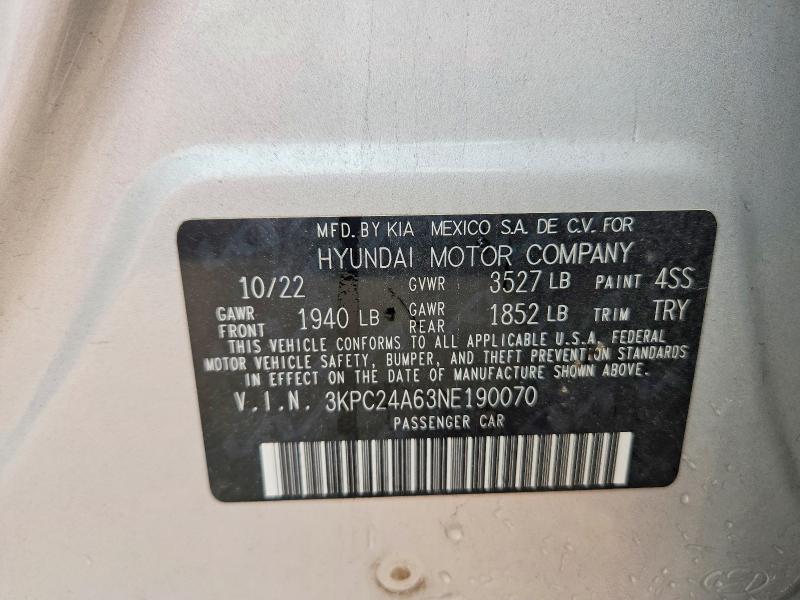 2022 Hyundai Accent მანქანა იყიდება აუქციონზე, vin: 3KPC24A63NE190070, აუქციონის ნომერი: 65022056