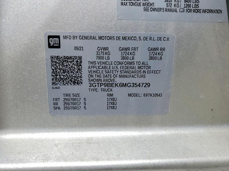 Aukcja sprzedaży 2021 Gmc Sierra, vin: 3GTP9BEK6MG354729, numer aukcji: 64390566