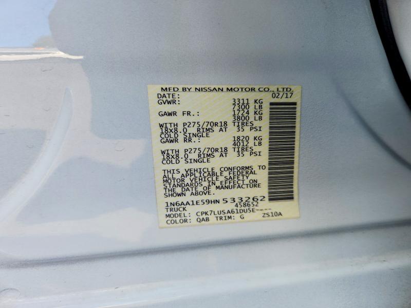 2017 Nissan Titan მანქანა იყიდება აუქციონზე, vin: 1N6AA1E59HN533262, აუქციონის ნომერი: 64590436