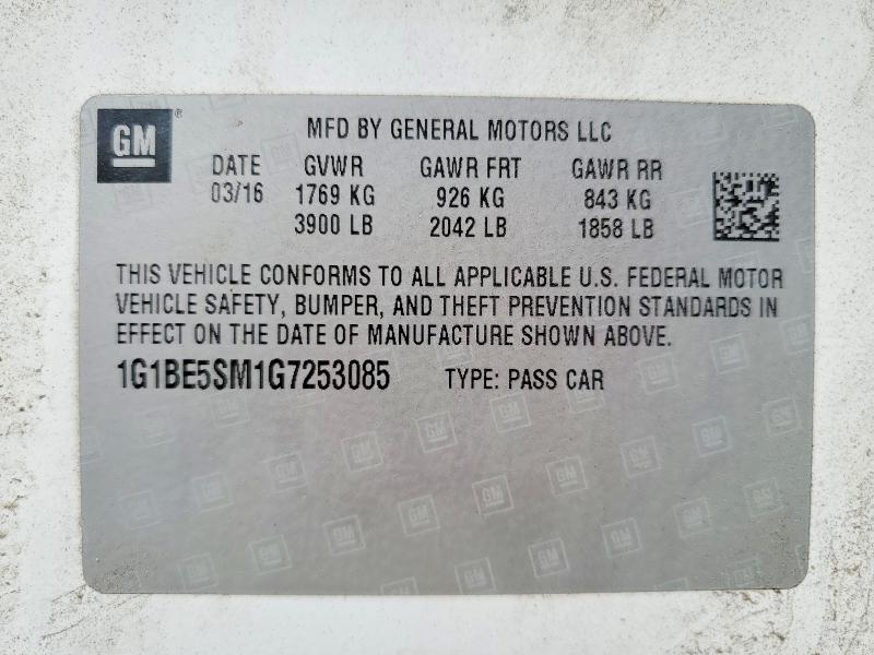 63263726 :رقم المزاد ، 1G1BE5SM1G7253085 vin ، 2016 Chevrolet Cruze مزاد بيع