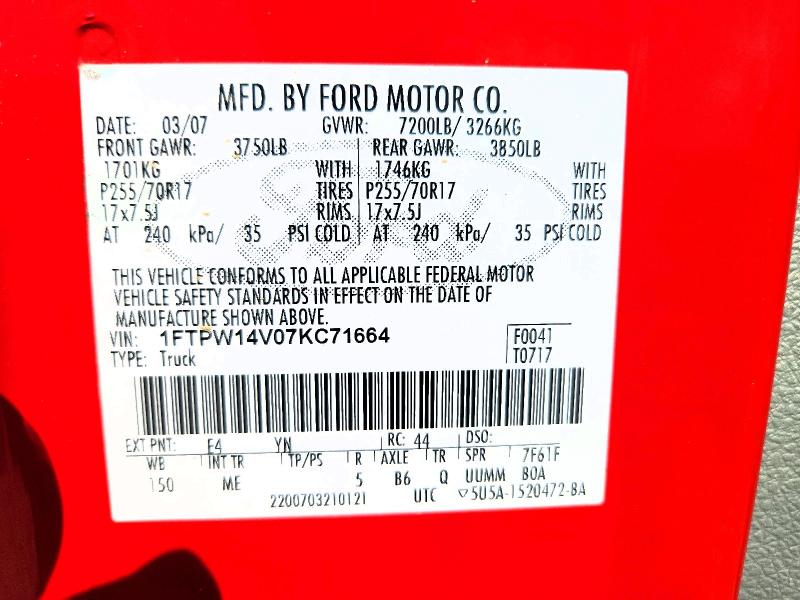 Aukcja sprzedaży 2007 Ford F150, vin: 1FTPW14V07KC71664, numer aukcji: 64924806