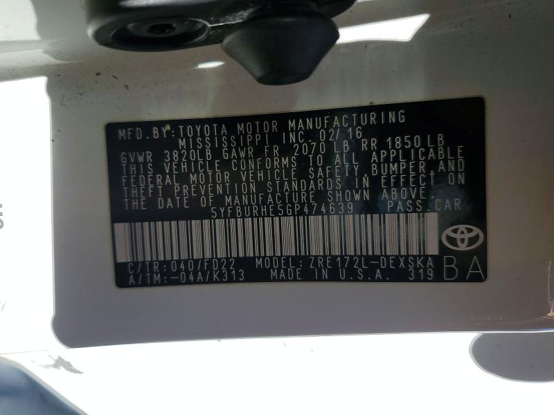 2016 Toyota Corolla მანქანა იყიდება აუქციონზე, vin: 5YFBURHE5GP474639, აუქციონის ნომერი: 65731896
