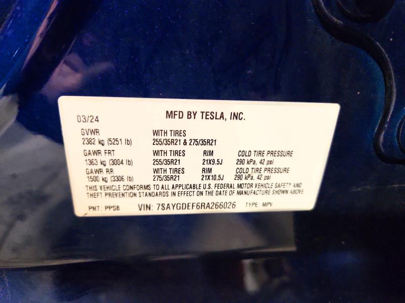 64435456 :رقم المزاد ، 7SAYGDEF6RA266026 vin ، 2024 Tesla Model Y مزاد بيع