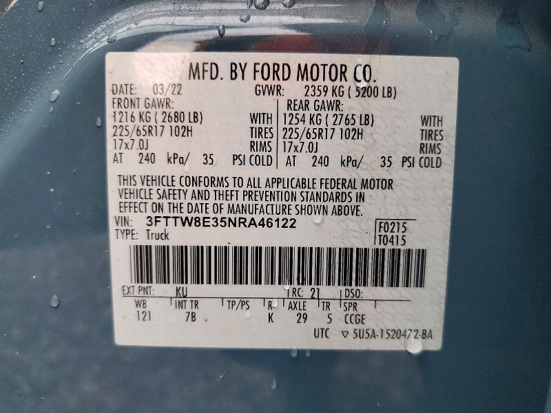 2022 Ford Maverick მანქანა იყიდება აუქციონზე, vin: 3FTTW8E35NRA46122, აუქციონის ნომერი: 65991746