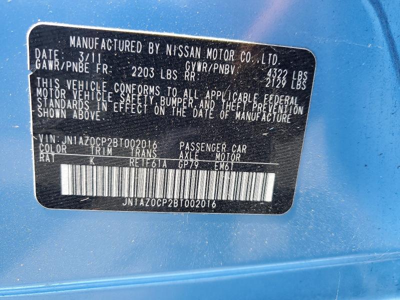 62871756 :رقم المزاد ، JN1AZ0CP2BT002016 vin ، 2011 Nissan Leaf مزاد بيع