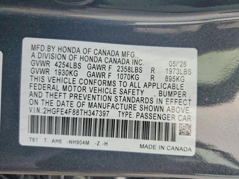 2026 Honda Civic მანქანა იყიდება აუქციონზე, vin: 2HGFE4F88TH347397, აუქციონის ნომერი: 63420666