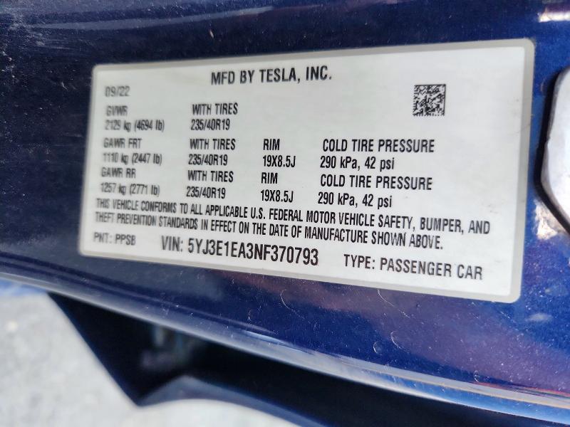 2022 Tesla Model 3 მანქანა იყიდება აუქციონზე, vin: 5YJ3E1EA3NF370793, აუქციონის ნომერი: 63899696