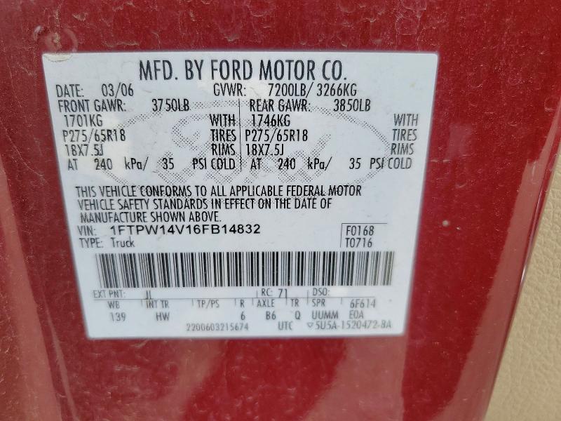 2006 Ford F150 მანქანა იყიდება აუქციონზე, vin: 1FTPW14V16FB14832, აუქციონის ნომერი: 64668046