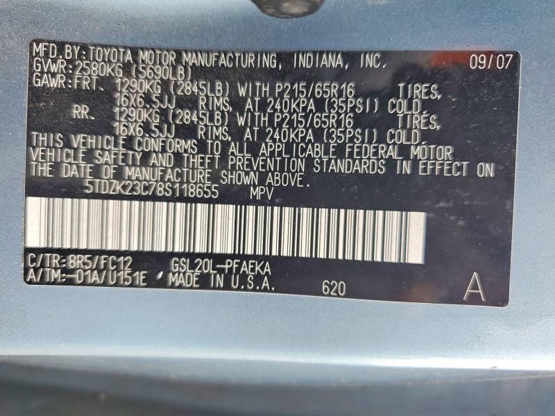 2008 Toyota Sienna მანქანა იყიდება აუქციონზე, vin: 5TDZK23C78S118655, აუქციონის ნომერი: 62030706
