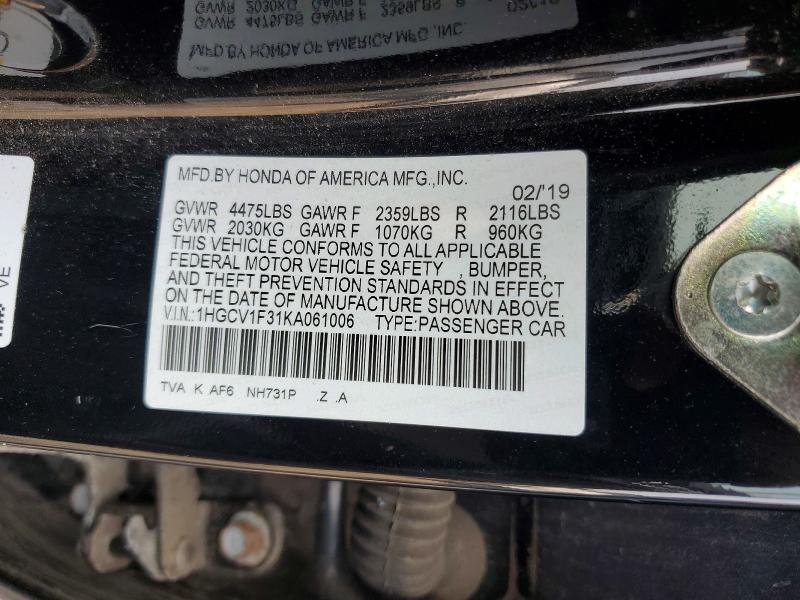 Продажа на аукционе авто 2019 Honda Accord, vin: 1HGCV1F31KA061006, номер лота: 64418846
