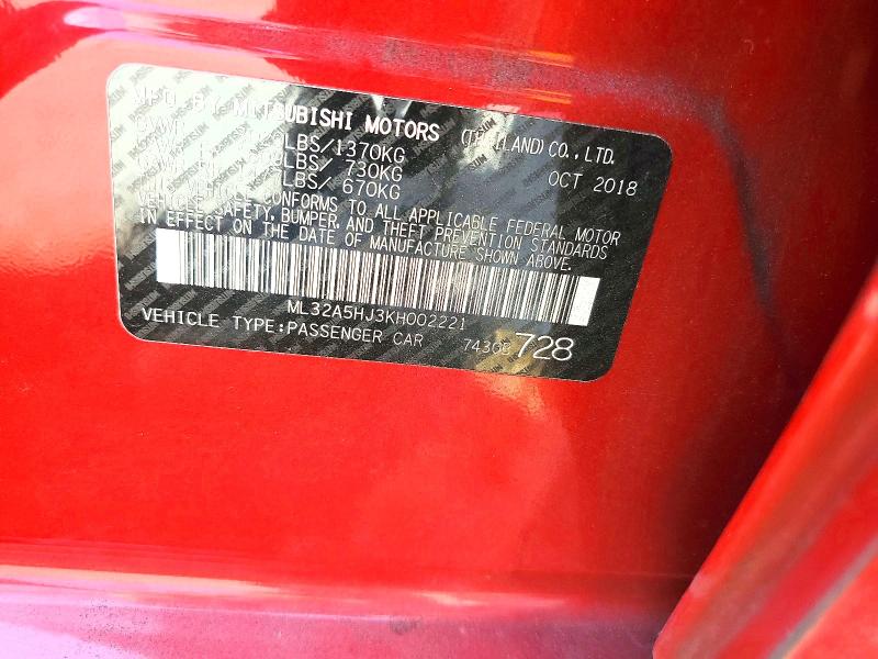 Aukcja sprzedaży 2019 Mitsubishi Mirage, vin: ML32A5HJ3KH002221, numer aukcji: 66497586