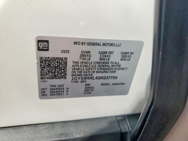 2025 Cadillac Escalade მანქანა იყიდება აუქციონზე, vin: 1GYS9RRL4SR237759, აუქციონის ნომერი: 66410296