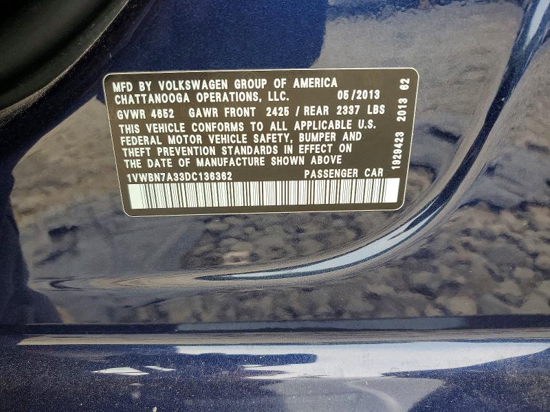 65278766 :رقم المزاد ، 1VWBN7A33DC136362 vin ، 2013 Volkswagen Passat مزاد بيع