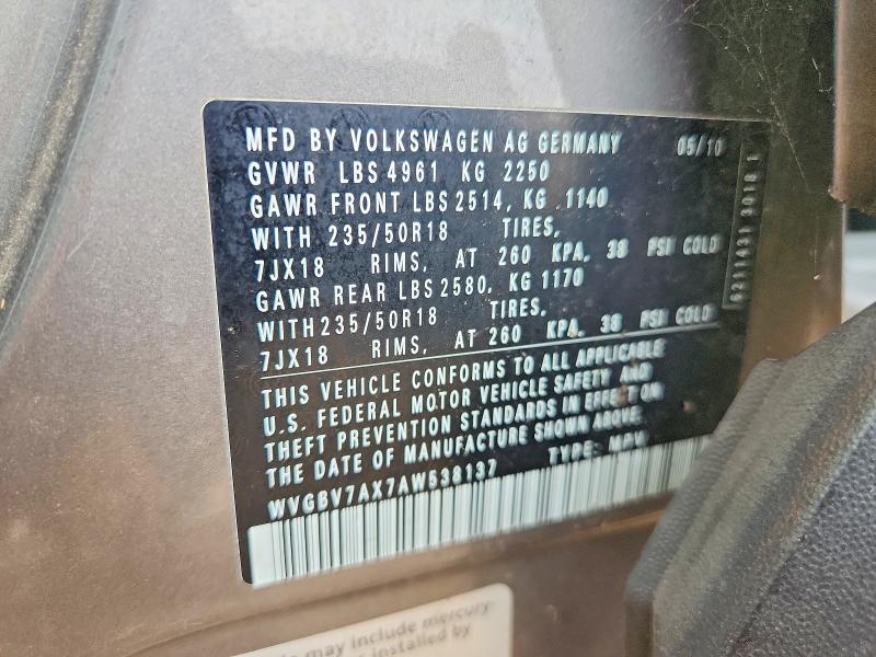 63240036 :رقم المزاد ، WVGBV7AX7AW538137 vin ، 2010 Volkswagen Tiguan مزاد بيع