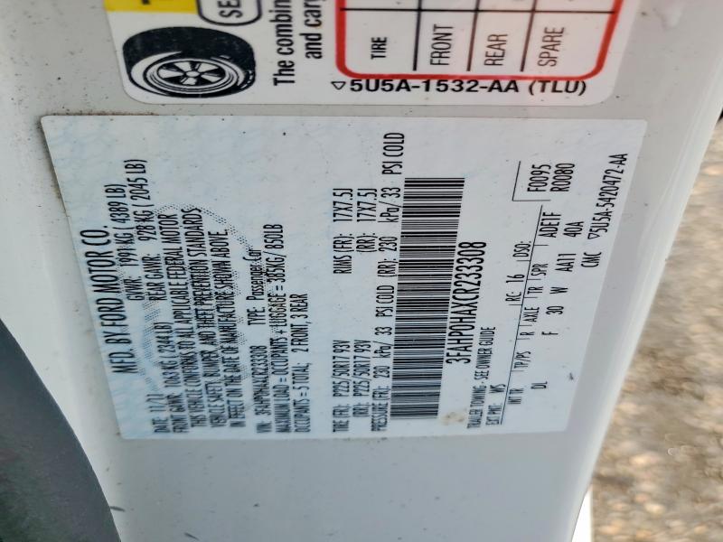 63720366 :رقم المزاد ، 3FAHP0HAXCR233308 vin ، 2012 Ford Fusion مزاد بيع