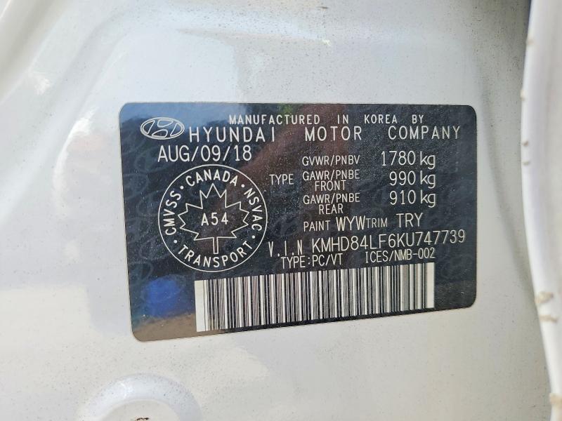 63681376 :رقم المزاد ، KMHD84LF6KU747739 vin ، 2019 Hyundai Elantra مزاد بيع
