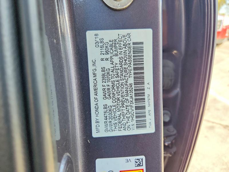 65051356 :رقم المزاد ، 1HGCV1F3XJA135246 vin ، 2018 Honda Accord مزاد بيع