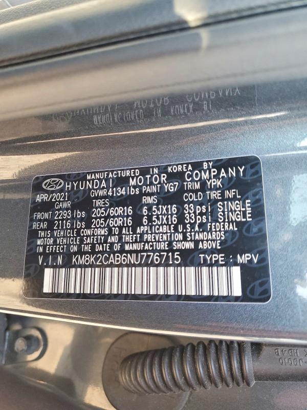 2022 Hyundai Kona მანქანა იყიდება აუქციონზე, vin: KM8K2CAB6NU776715, აუქციონის ნომერი: 64898666