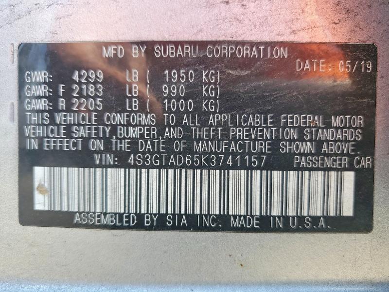 65656906 :رقم المزاد ، 4S3GTAD65K3741157 vin ، 2019 Subaru Impreza مزاد بيع