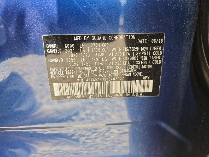 66067886 :رقم المزاد ، 4S4WMAPD2K3408977 vin ، 2019 Subaru Ascent مزاد بيع