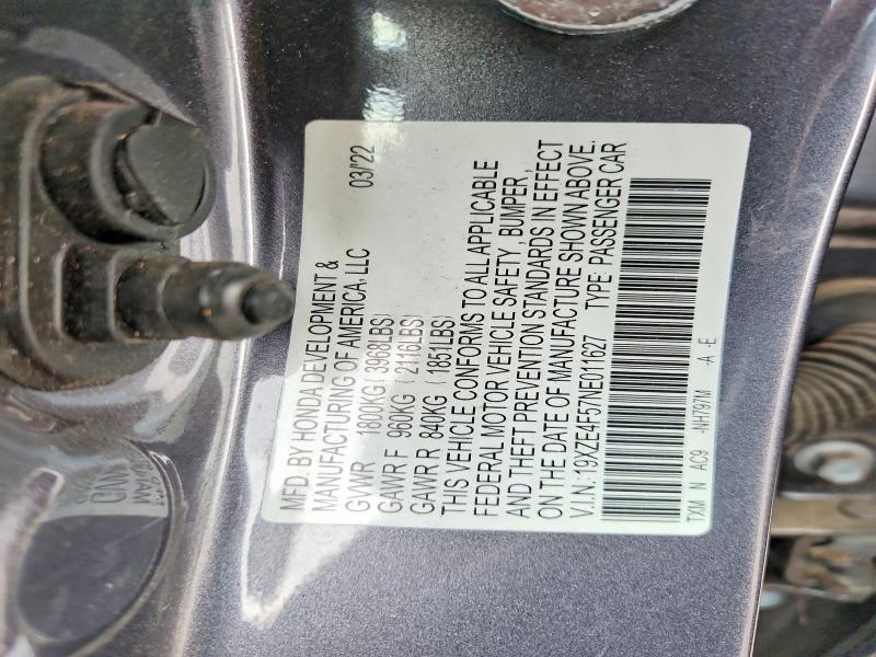 2022 Honda Insight მანქანა იყიდება აუქციონზე, vin: 19XZE4F57NE011627, აუქციონის ნომერი: 64222776