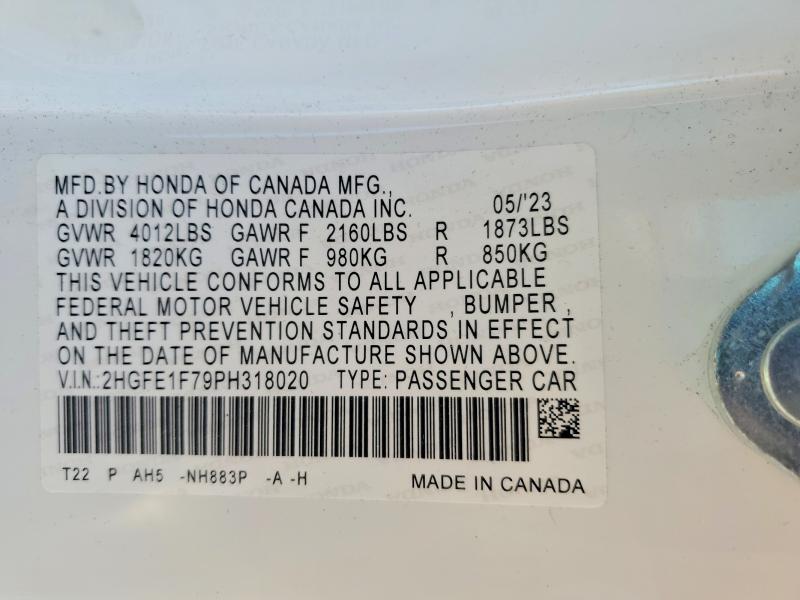 2023 Honda Civic მანქანა იყიდება აუქციონზე, vin: 2HGFE1F79PH318020, აუქციონის ნომერი: 63551986