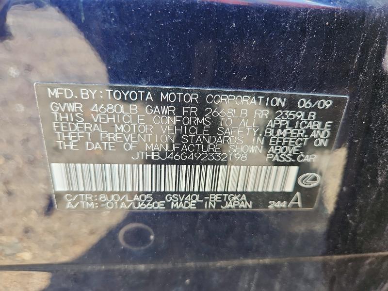Aukcja sprzedaży 2009 Lexus Es, vin: JTHBJ46G492332198, numer aukcji: 66212796