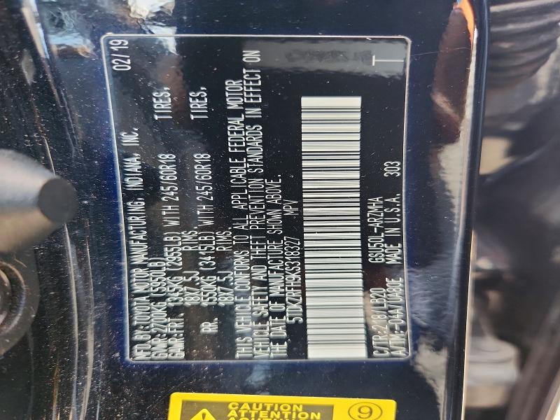 Aukcja sprzedaży 2019 Toyota Highlander, vin: 5TDKZRFH9KS318327, numer aukcji: 66719346