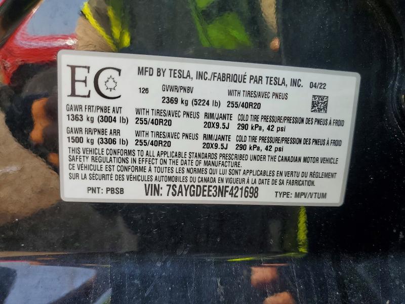 Продажа на аукционе авто 2022 Tesla Model Y, vin: 7SAYGDEE3NF421698, номер лота: 65270716
