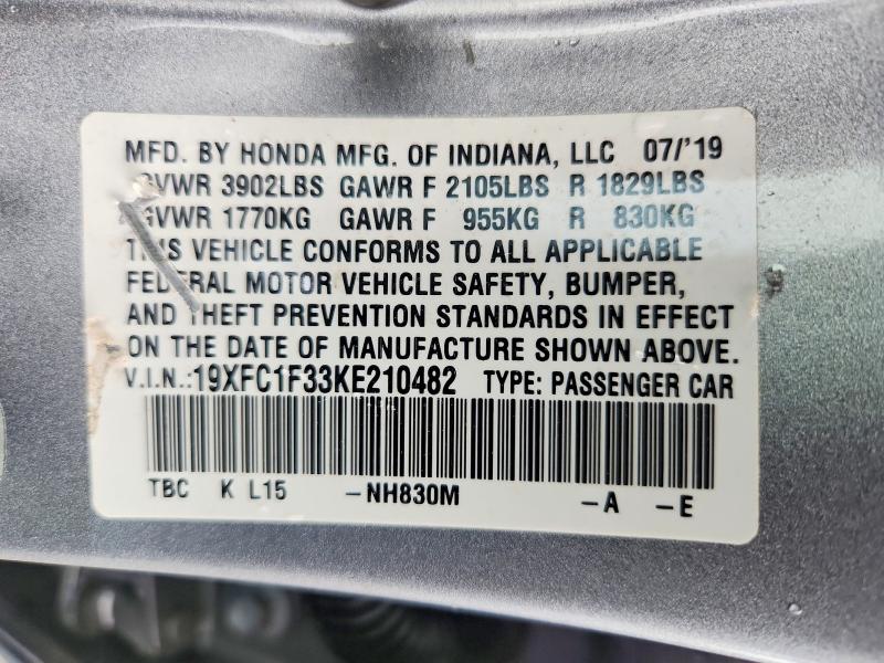 Продаж на аукціоні авто 2019 Honda Civic, vin: 19XFC1F33KE210482, номер лоту: 63606126