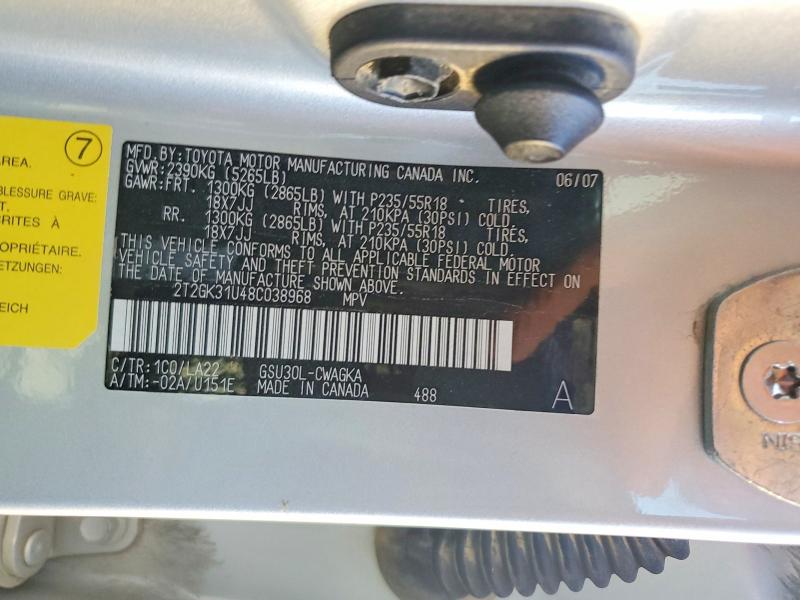 65394446 :رقم المزاد ، 2T2GK31U48C038968 vin ، 2008 Lexus Rx مزاد بيع