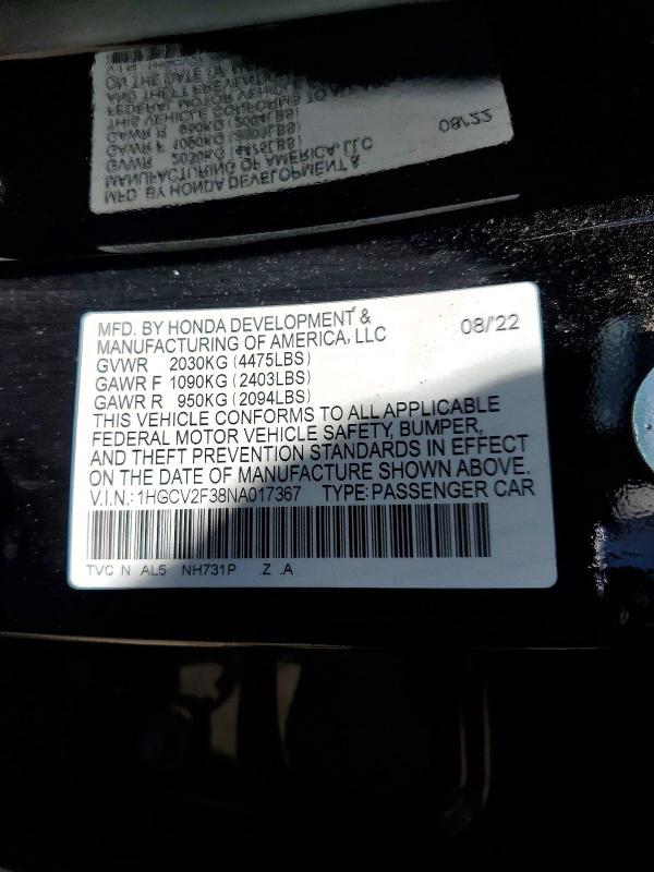 Продажа на аукционе авто 2022 Honda Accord, vin: 1HGCV2F38NA017367, номер лота: 66082646