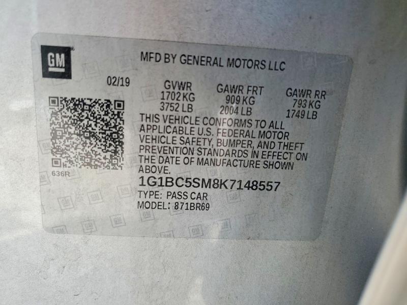 63807546 :رقم المزاد ، 1G1BC5SM8K7148557 vin ، 2019 Chevrolet Cruze مزاد بيع