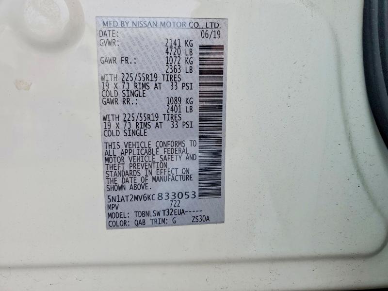 Продажа на аукционе авто 2019 Nissan Rogue, vin: 5N1AT2MV6KC833053, номер лота: 63901406