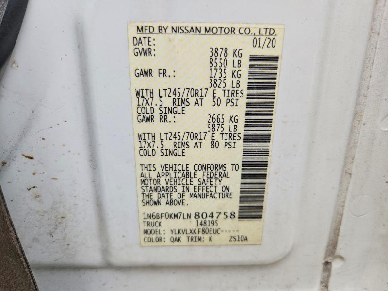 2020 Nissan Nv მანქანა იყიდება აუქციონზე, vin: 1N6BF0KM7LN804758, აუქციონის ნომერი: 63872886