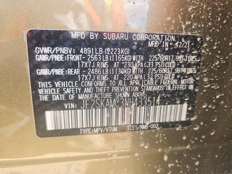 64727536 :رقم المزاد ، JF2SKAMC3NH433514 vin ، 2022 Subaru Forester مزاد بيع
