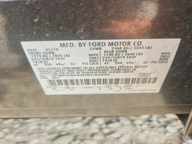 64138626 :رقم المزاد ، 2FMPK4K99KBC02649 vin ، 2019 Ford Edge مزاد بيع