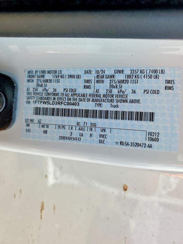 2024 Ford F150 მანქანა იყიდება აუქციონზე, vin: 1FTFW5LD3RFC00403, აუქციონის ნომერი: 64055396
