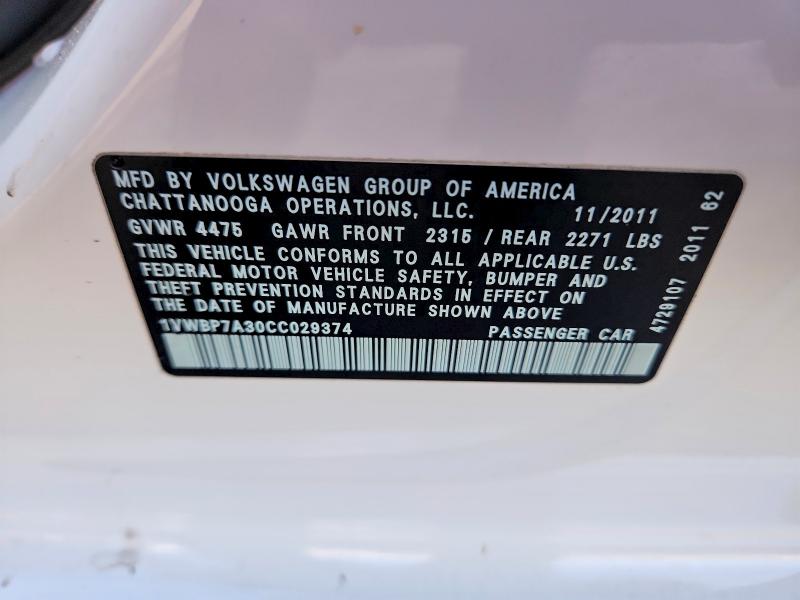 2012 Volkswagen Passat მანქანა იყიდება აუქციონზე, vin: 1VWBP7A30CC029374, აუქციონის ნომერი: 66613786