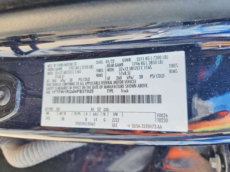 63909336 :رقم المزاد ، 1FTFW1RG4NFB37025 vin ، 2022 Ford F150 مزاد بيع