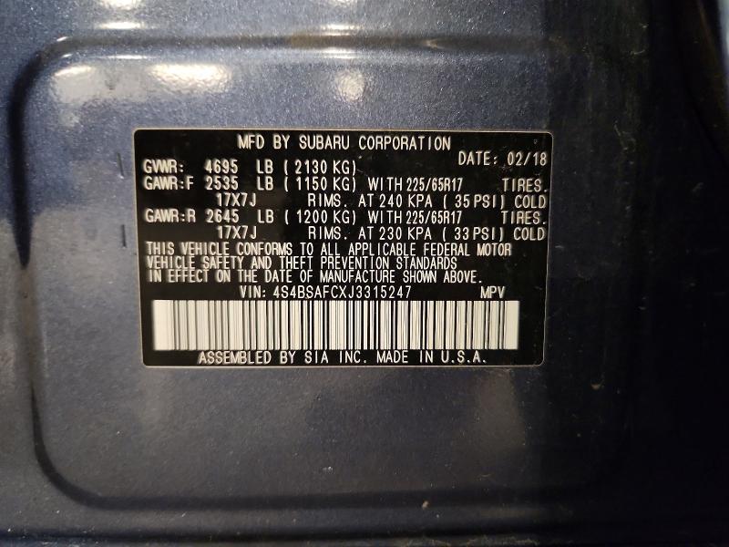 2018 Subaru Outback მანქანა იყიდება აუქციონზე, vin: 4S4BSAFCXJ3315247, აუქციონის ნომერი: 64103236