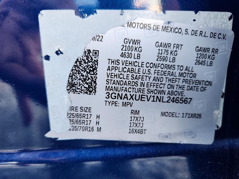 64150036 :رقم المزاد ، 3GNAXUEV1NL246567 vin ، 2022 Chevrolet Equinox مزاد بيع