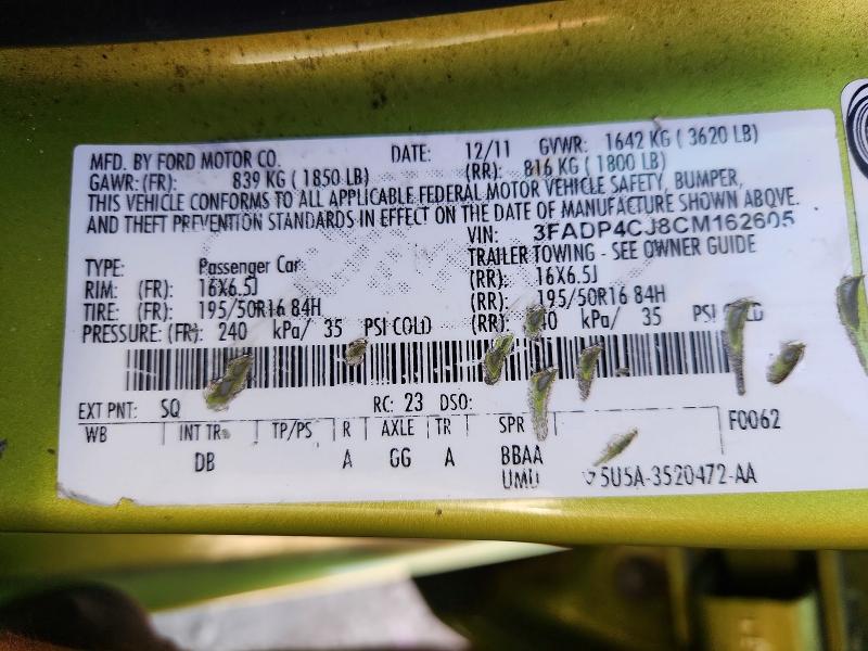 2012 Ford Fiesta მანქანა იყიდება აუქციონზე, vin: 3FADP4CJ8CM162605, აუქციონის ნომერი: 66582326