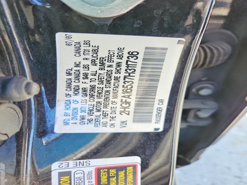 63830626 :رقم المزاد ، 2HGFA16537H311736 vin ، 2007 Honda Civic مزاد بيع