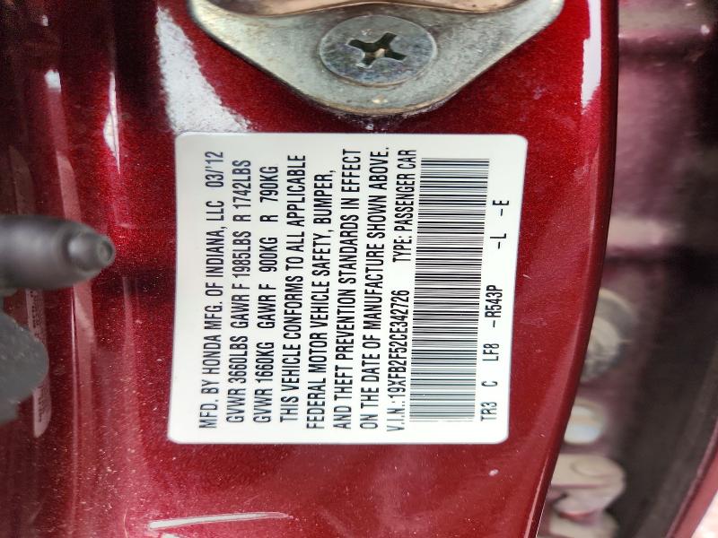 Продаж на аукціоні авто 2012 Honda Civic, vin: 19XFB2F52CE342726, номер лоту: 63921066