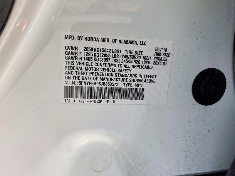Продажа на аукционе авто 2018 Honda Pilot, vin: 5FNYF6H98JB053572, номер лота: 63047876